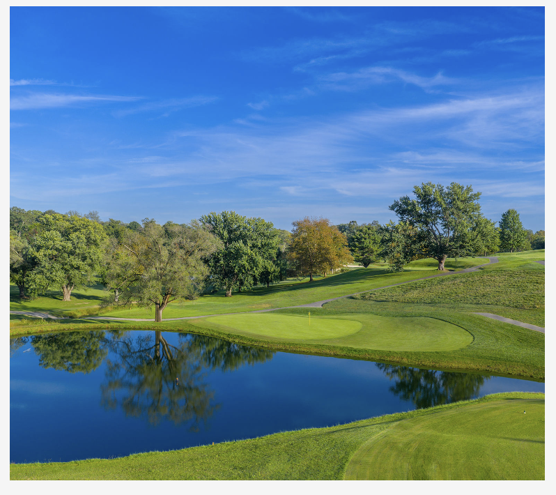 The par-3 fifth hole at Argyle Country Club, with a pond in front of the green and sloping terrain surrounding the putting surface.