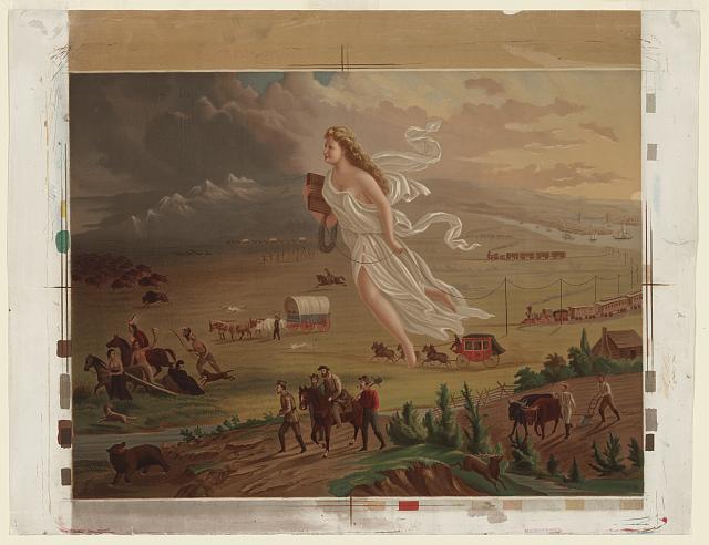 American Progress, a nineteenth-century allegory showing a female figure carrying telegraph wire westward as railroads, settlers and agriculture advance and Native people and bison are displaced.