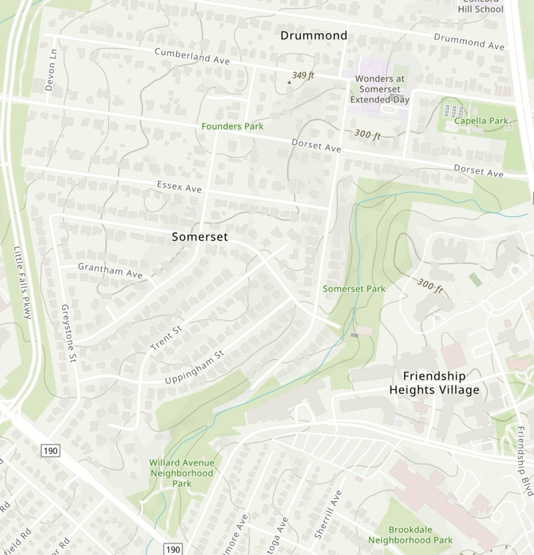Topographic map of Somerset, Maryland, showing the town on higher ground between the Willet Branch and Little Falls Branch stream corridors.