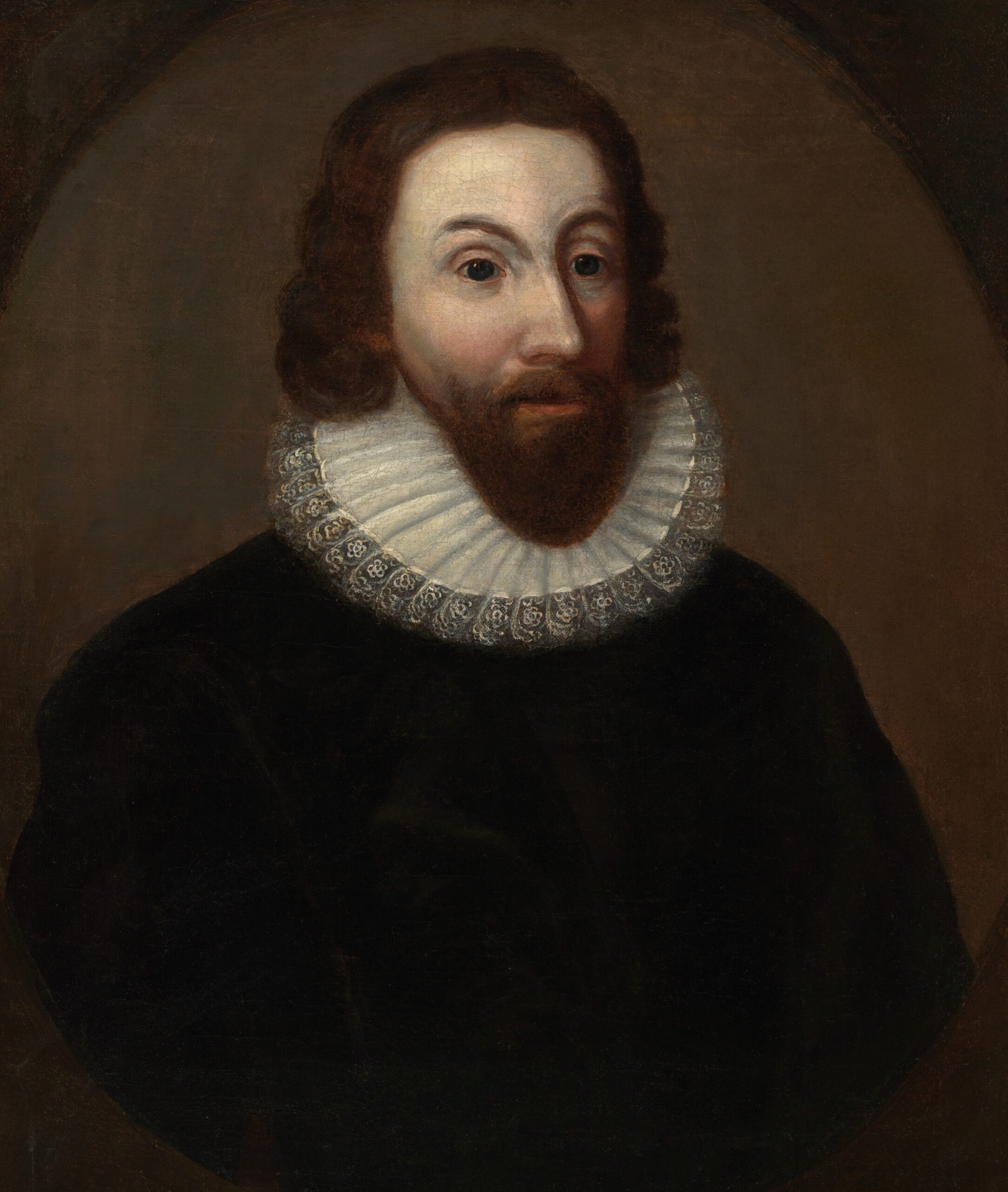 Portrait of John Winthrop wearing black clothing and a large white ruff collar.
