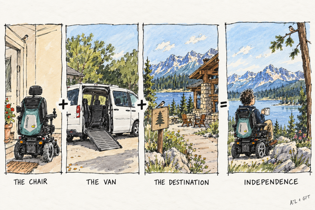 Watercolor illustration showing a power wheelchair plus an accessible van plus a mountain destination equaling independence.