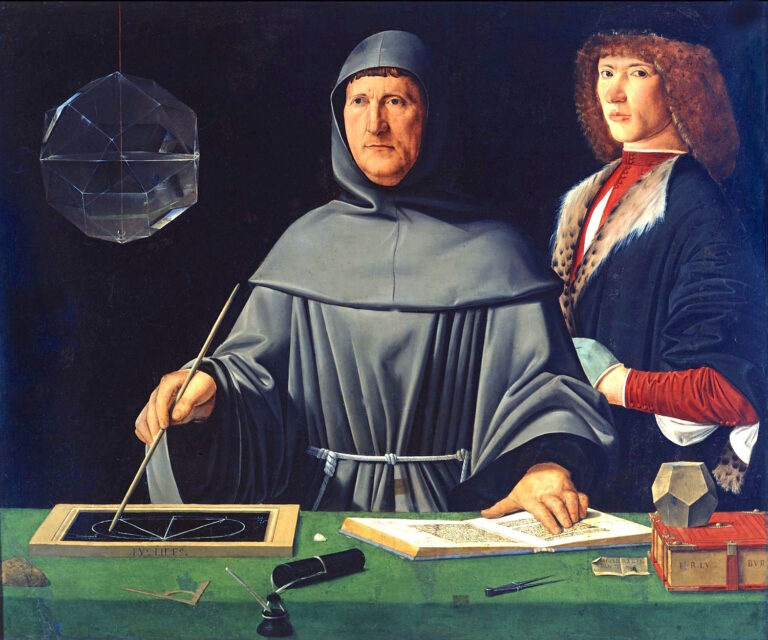 Luca Pacioli demonstrates a geometric construction at a table surrounded by books, mathematical instruments, and polyhedra.