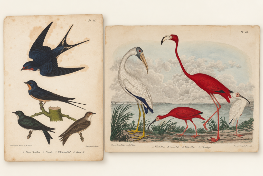 Composite artwork based on two plates from Alexander Wilson's American Ornithology: an 1812 plate of swallows at left and an 1814 plate of ibises and a flamingo at right.