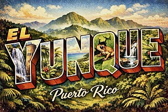 Vintage 1954 postcard showing the lush green mountains and tropical rainforest of El Yunque, Puerto Rico, beneath a blue sky.
