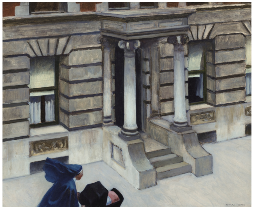 Edward Hopper's New York Pavements, showing a caregiver pushing a baby carriage along a city sidewalk below the steps of a large apartment building.