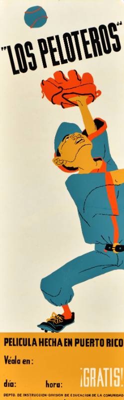 1951 Puerto Rican silkscreen poster for Los Peloteros, showing a baseball player swinging a bat against a bold graphic background.