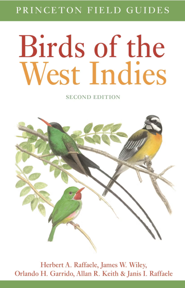 Cover of Birds of the West Indies, Second Edition, showing three illustrated Caribbean birds, including a small green tody with a red throat at bottom left.
