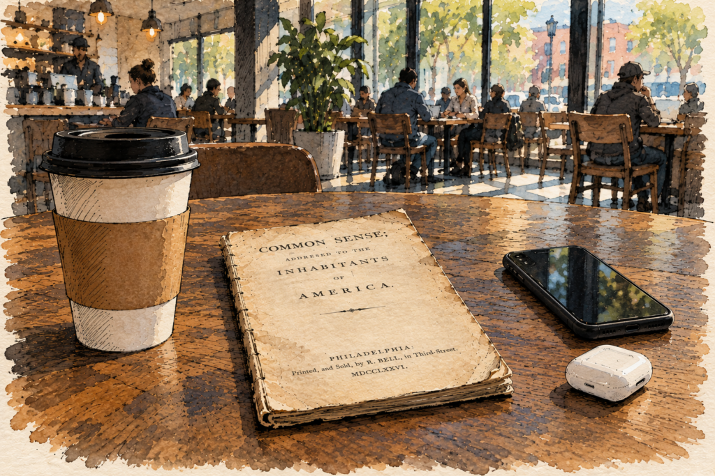 Watercolor-and-ink illustration of a modern coffee shop table with a takeaway coffee, an eighteenth-century copy of Thomas Paine’s Common Sense, a black iPhone, and white AirPods.