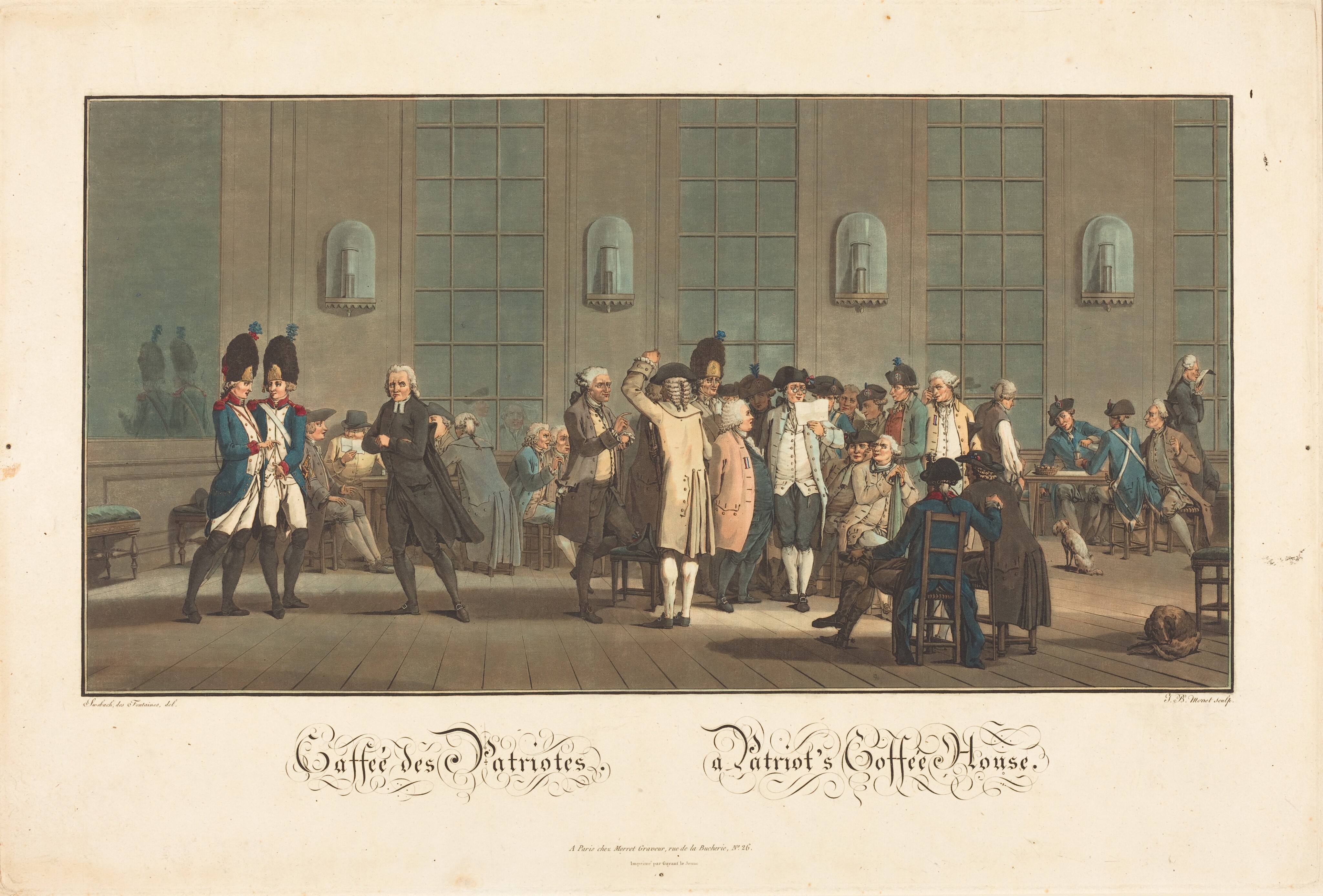 Jean-Baptiste Morret’s 1792 print Caffée des Patriotes, showing people gathered in a crowded coffeehouse to read, talk, and exchange ideas.